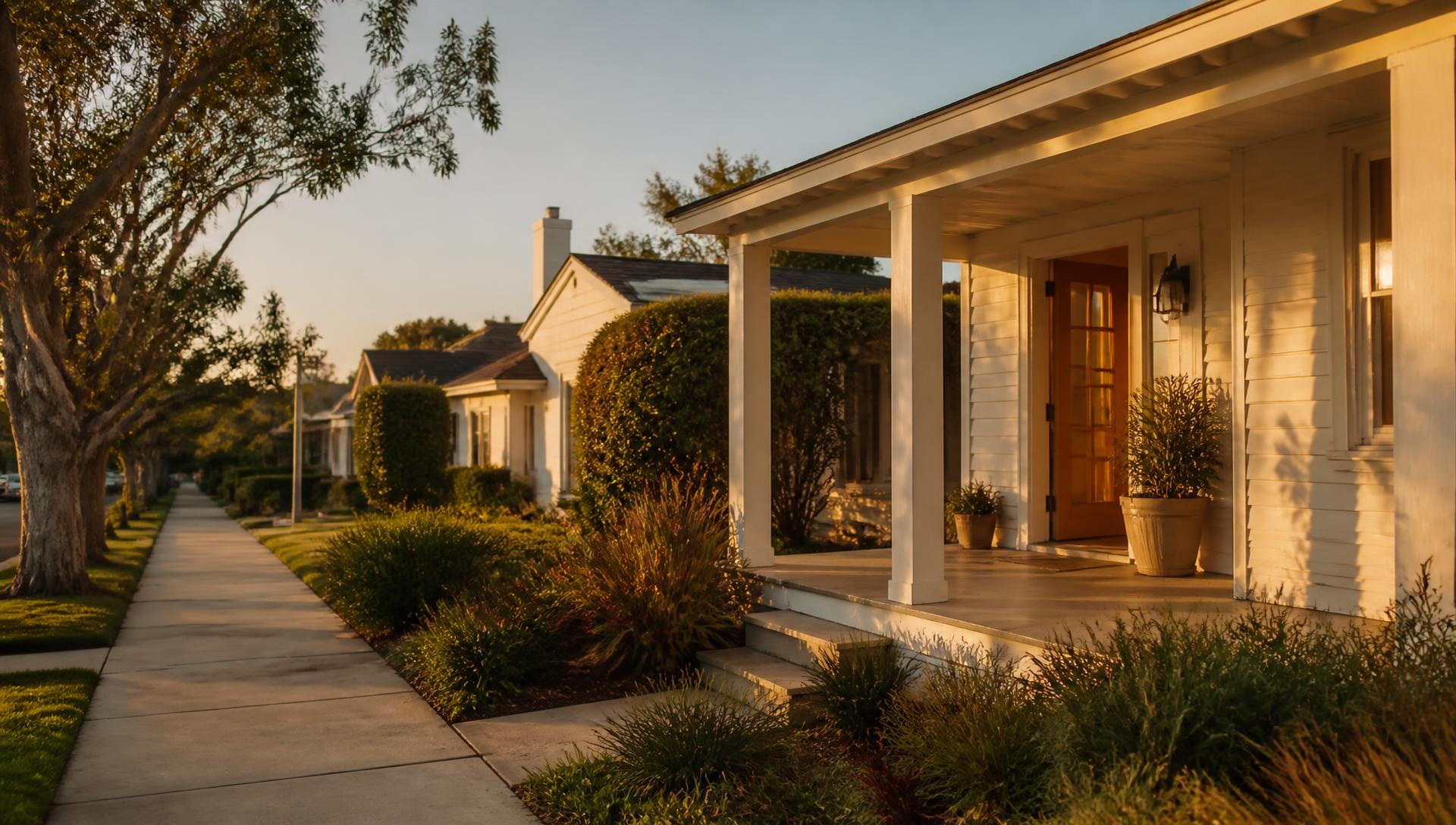 A Southern California street of homes at golden hour